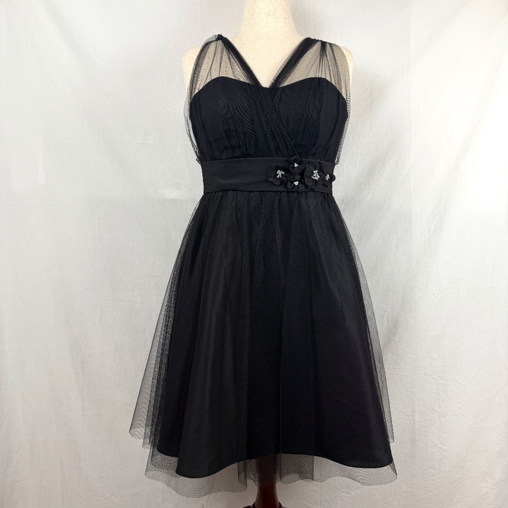 Alfred Angelo Black Tulle Dress Crystal Flowers LBD Whimsigoth Dark Romantic